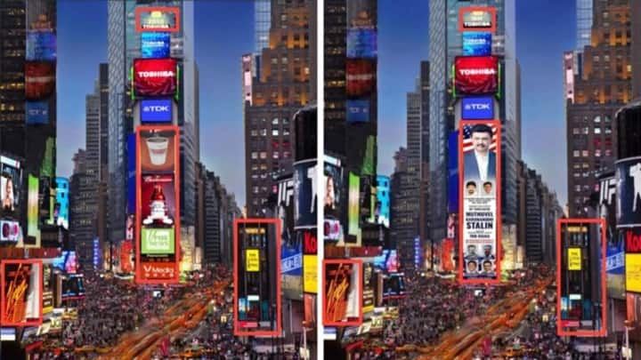 Fact Check Tamil Nadu CM Stalin photo at New York times square Advertisement on welcoming him is true Fact Check: நியூயார்க் டைம்ஸ் சதுக்கத்தில் தமிழக முதல்வர் ஸ்டாலினை வரவேற்று விளம்பரம்.. உண்மையா? பொய்யா?