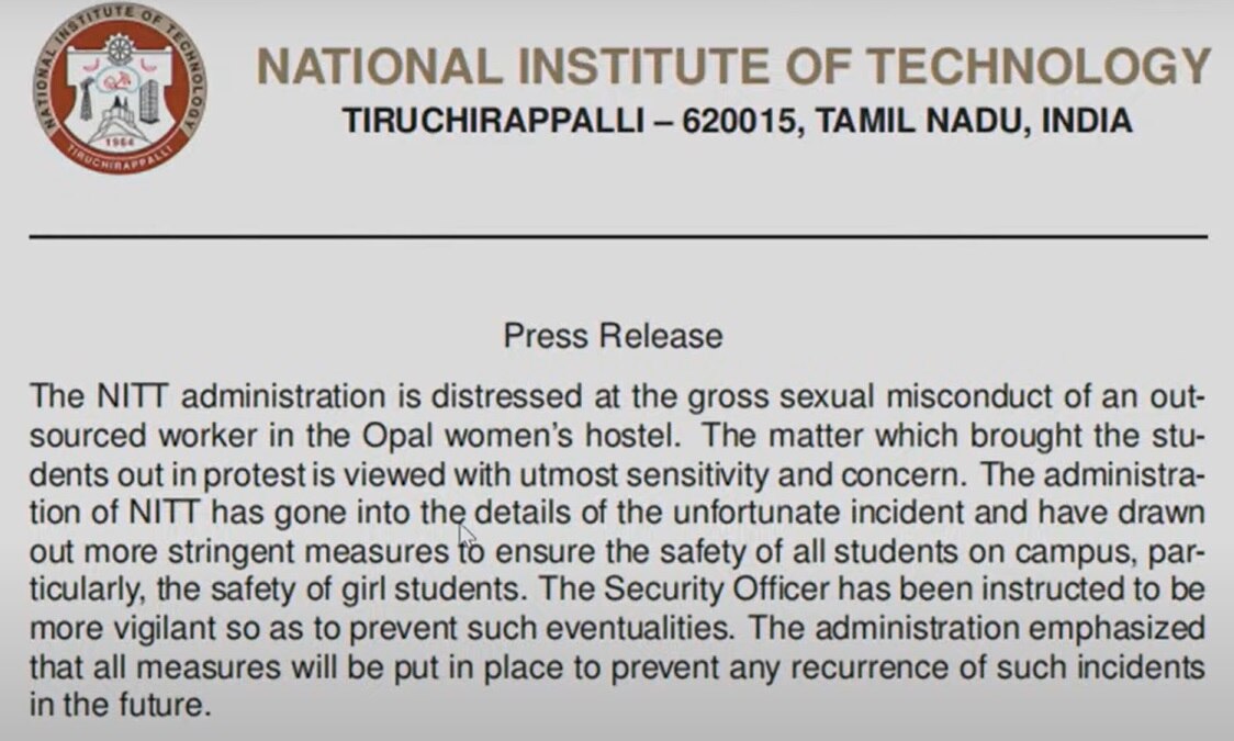 NIT Trichy: என்ஐடி மாணவியிடம் பாலியல் அத்துமீறல்; வருத்தம் தெரிவித்த கல்லூரி நிர்வாகம்!