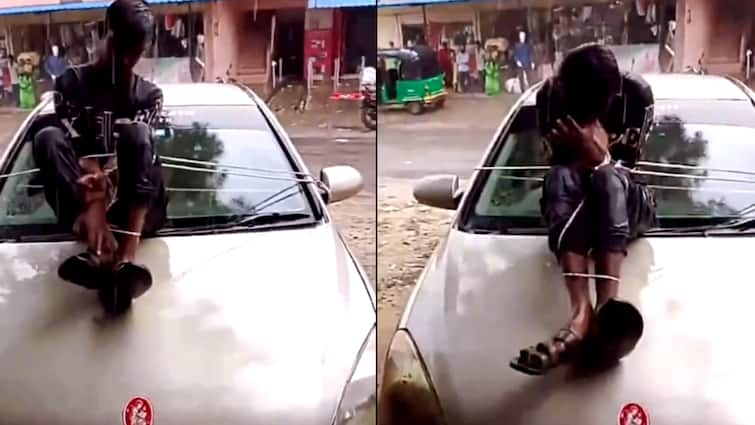 Godhra Viral Video Accused of theft tied to bonnet of a car and left in rain Gujarat News ann गुजरात के गोधरा में चोरी के शक में युवक को कार के बोनट से बांधकर घुमाया, Video Viral होने के बाद मामला दर्ज