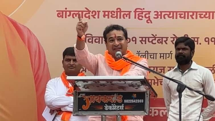 Nitesh Rane Ahmednagar Sakal Hindu Samaj Morcha Speech If I start walking people close the doors I am Hindu gabbar Maharashtra Marathi News Nitesh Rane : 'मी हिंदूंचा गब्बर, चालायला लागलो तर लोकं दारं बंद करतात'; नितेश राणेंचं वक्तव्य