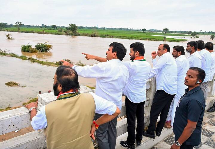 Telangana CM Revanth Reddy inspects a flooded area, in Khammam, Monday, Sept. 2, 2024. (Image Source: PTI)
