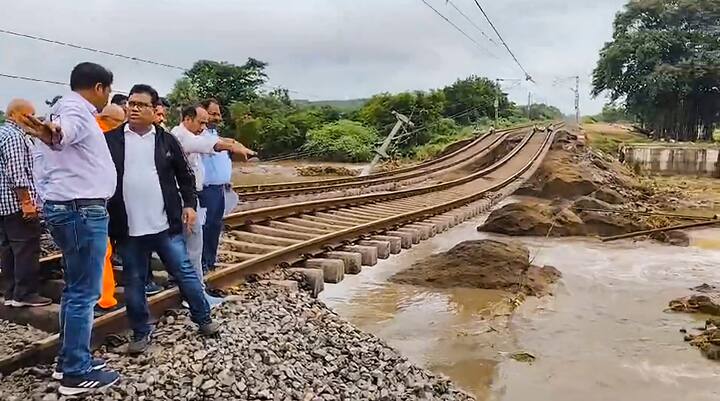 Washed away railway tracks following heavy rainfall in Secunderabad, Monday, Sept. 2, 2024. (Image Source: PTI)