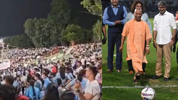 huge crowd came to see east bengal vs mohun bagan friendly match in lucknow including uttar pradesh cm yogi watch video लखनऊ में दिखा फुटबॉल का जबरदस्त क्रेज, खचाखच भरा स्टेडियम; CM योगी भी लुत्फ उठाने पहुंचे