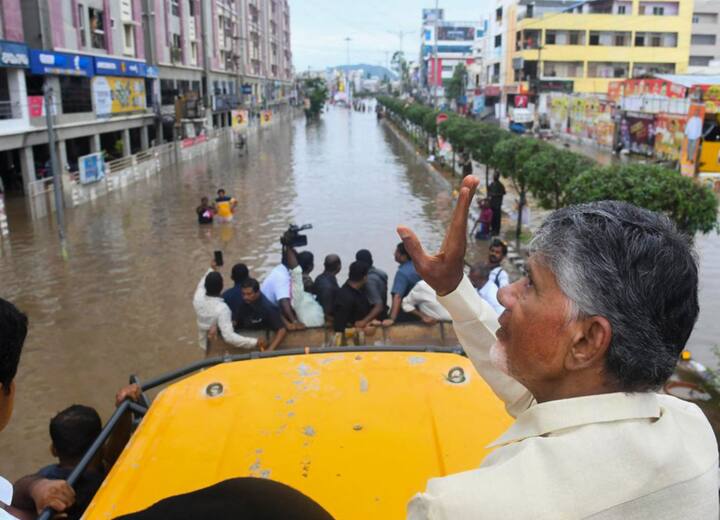 Andhra Pradesh Chief Minister N Chandrababu Naidu inspects a flood affected area, near Bhavanipuram Sitara Center in Vijayawada, Monday, Sept. 2, 2024. (Image Source: PTI)