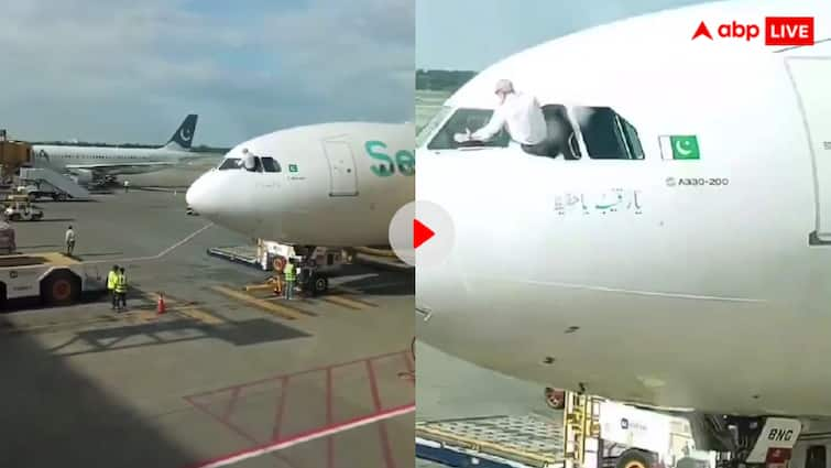 Viral pakistani video Pilot in Pakistan cleaned the plane windshield like a bus driver अजब गजब पाकिस्तान! प्लेन की खिड़की से बाहर निकल कांच साफ करने लगा पायलट, देखें वीडियो