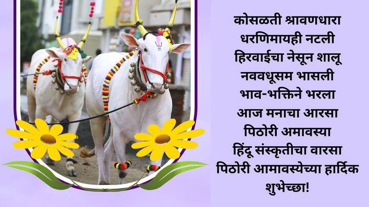 कोसळती श्रावणधारा धरणिमायही नटली हिरवाईचा नेसून शालू नववधूसम भासली भाव-भक्तिने भरला आज मनाचा आरसा पिठोरी अमावस्या हिंदू संस्कृतीचा वारसा पिठोरी आमावस्येच्या हार्दिक शुभेच्छा!