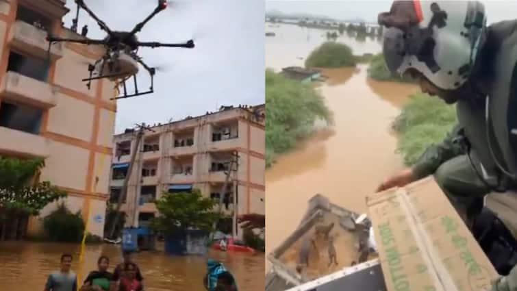 Andhra Pradesh Floods Video Drones Deliver Relief Material To Stranded Residents In Vijaywada Andhra Pradesh Floods: Drones Deliver Relief Material To Stranded Residents In Vijaywada. WATCH