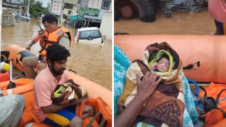 Vijayawada Police brings delivered woman and baby safely amid heavy flood in singh nagar Vijayawada: వరదలోనే మహిళ ప్రసవం, తల్లీబిడ్డలను సేఫ్‌గా తీసుకొచ్చిన నగర పోలీసులు