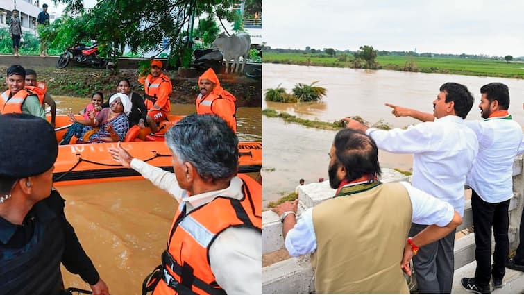 Andhra-Telangana Floods 31 Dead Rescue Ops Intensified CMs Chandrababu Naidu Revanth Reddy Seek National Calamity Status Updates Andhra-Telangana Floods: 31 Dead, Rescue Ops Intensified; CMs Seek 'National Calamity' Status — Updates