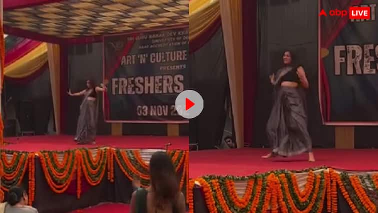 Girl wearing saree danced brilliantly in the college freshers party of Delhi University video goes viral फ्रेशर पार्टी में डीयू की लड़की ने उड़ा दिया गर्दा, साड़ी पहनकर 'छोकरा जवां रे...' गाने पर किया ऐसा जबरदस्त डांस