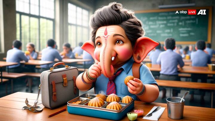AI अवतार में स्कूल यूनिफार्म में गणेश जी की यह तस्वीर यकीकन आपका मन मोह लेगी. इसमें वे स्कूल में लंच कर रहे हैं और लंच बॉक्स में मोदक है, जोकि गणेश जी को बहुत पसंद है.