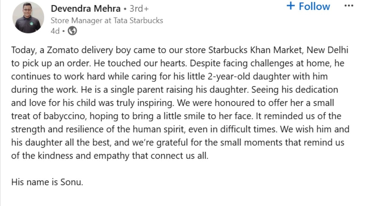 Starbucks Employee Praises Zomato Delivery Agent For Bringing Daughter To Work, Wins Hearts Online