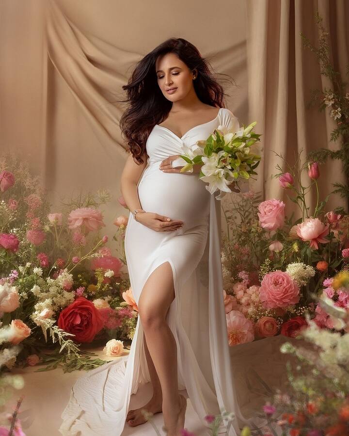 The maternity shoot featured Yuvika in three elegant, floor-length dresses that highlighted her growing baby bump.