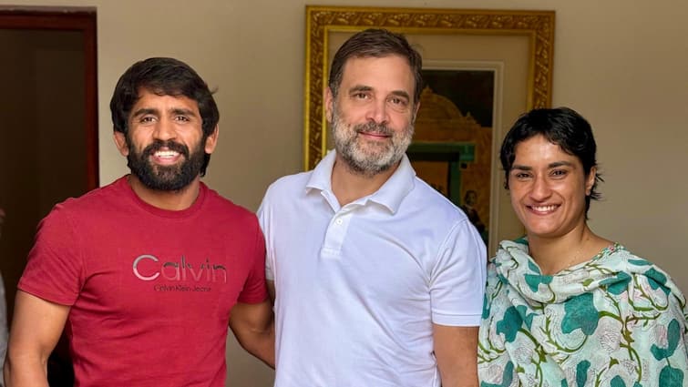 Vinesh Phogat Bajrang Punia meet Rahul Gandhi may contest on Congress ticket in Haryana Assembly Elections Haryana Vidhan Sabha Election: विनेश फोगाट बनेंगी कांग्रेस की ढाल! विधानसभा चुनाव में ठोकेंगी ताल? बजरंग संग राहुल गांधी से मिलने पहुंचीं