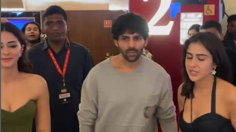 Watch Kartik Aaryan With Ananya Panday & Sara Ali Khan At 'Call Me Bae' Screening; Fans Comment 'Dono Ex Girlfriends...' kartik sara ananaya viral video Dono Ex Girlfriends...' Netizens React To Paparazzi Video Of Kartik Aaryan With Ananya Panday & Sara Ali Khan At 'Call Me Bae' Screening