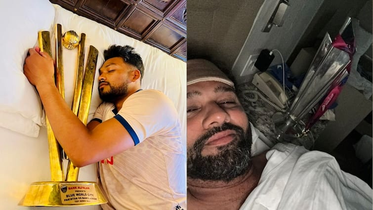 Bangladesh captain Najmul Hossain Shanto copy Rohit Sharma style picture with trophy on bed after winning test series against Pakistan नजमुल हुसैन शांतो ने सीरीज जीतने के बाद पाकिस्तानी फैंस का उड़ाया मजाक? रोहित शर्मा का स्टाइल किया कॉपी