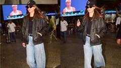 काला चश्मा...सिर पर टोपी और लेदर जैकेट, एयरपोर्ट पर स्टाइलिश लुक में दिखीं कृति सेनन, पैपराजी को यूं दिए पोज