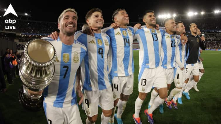 Argentina vs Chile Julian Alvarez Paulo Dybala Mac Allister score in Argentina win in FIFA World Cup 2026 Qualifiers Argentina vs Chile: মেসি-মারিয়াকে ছাড়াই বিরাট জয় আর্জেন্তিনার, কোপা ট্রফি নিয়ে উৎসব