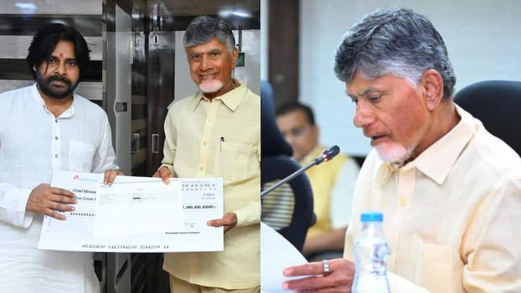 ap deputy cm pawan kalyan meet chandrababu and presented one crore check CM Chandrababu: సీఎం చంద్రబాబుకు రూ.కోటి చెక్కు అందించిన పవన్ - వరద పరిస్థితి, సహాయక చర్యలపై సీఎం టెలీ కాన్ఫరెన్స్