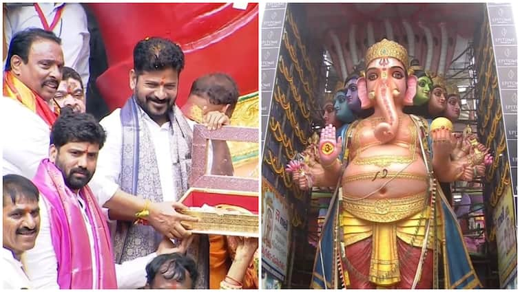 Telangana CM Revanth reddy performed the first pooja to Mahaganapati of Khairatabad Ganesh Chaturthi 2024: ఖైరతాబాద్ మహాగణపతికి తొలి పూజ చేసిన సీఎం రేవంత్