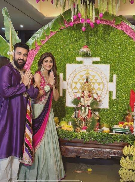 Shilpa Shetty and her husband Raj Kundra welcomed Ganpati at their home.