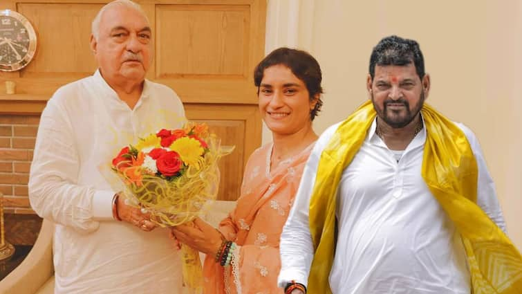 Brij Bhushan Singh Conspiracy Charge After Vinesh Phogat Bajrang Punia Join Congress marathi news Brij Bhushan Singh on Vinesh Phogat : 