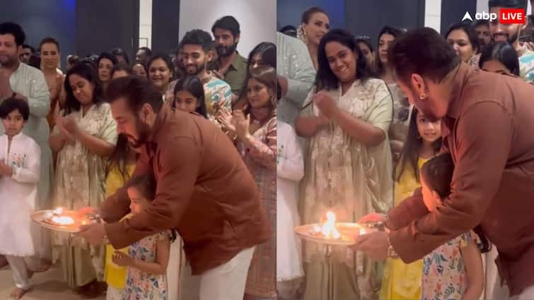 Arpita Khan home Ganesh Chaturthi Salman Khan performs Ganpati aarti with niece Ayat Ganesh Chaturthi Celebration: अर्पिता खान के घर पर हुआ गणपति सेलिब्रेशन, भांजी संग आरती करते दिखे सलमान खान