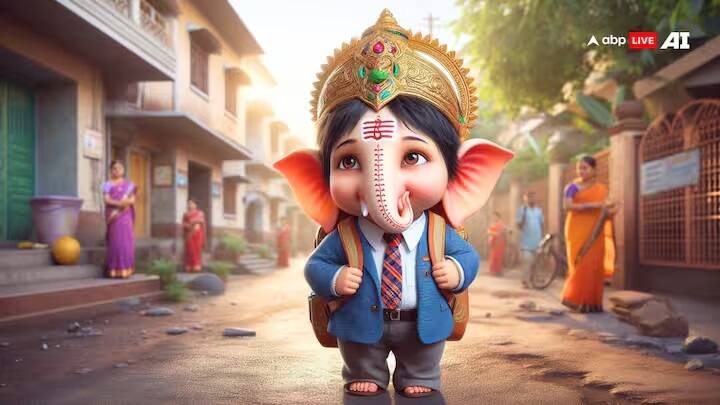 આ તસવીરમાં ગણેશ સ્કૂલ યૂનિફોર્મમાં જોવા મળી રહ્યો છે અને તેના ખભા પર સ્કૂલ બેગ પણ છે. AI દ્વારા બનાવવામાં આવેલ આ ચિત્રમાં જીવંત ગણેશનું અદ્ભુત પ્રદર્શન છે.