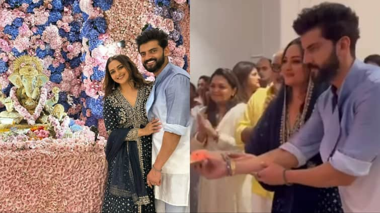 Ganesh Utsav 2024 Sonakshi Sinha did Ganpati  Bappa Aarti with husband Zaheer Iqbal video went viral सोनाक्षी सिन्हा ने पति जहीर के साथ की बप्पा की आरती, बोलीं - ‘प्यार सम्मान में बढ़ता है’