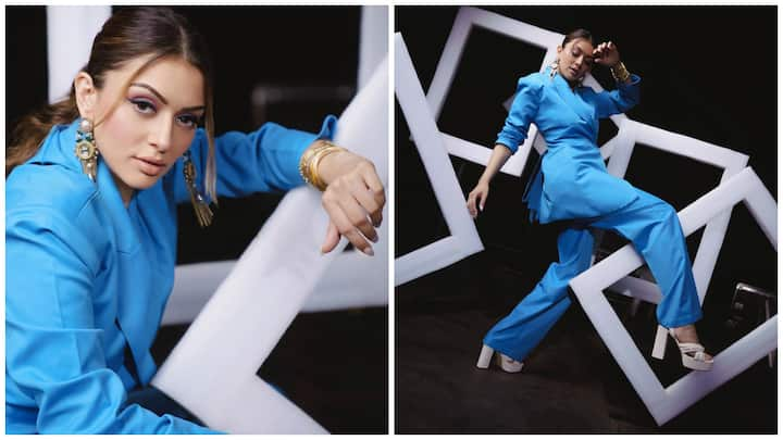 Hansika Motwani has left fans swooning over her latest fashion statement. She shared a series of pictures on her social media, showcasing her stunning look in a gorgeous powder blue pantsuit.