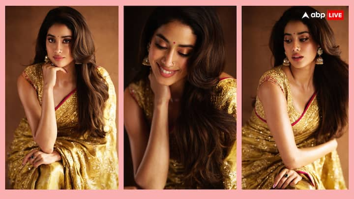 Janhvi Kapoor Golden Saree Look: जाह्नवी कपूर 'देवारा पार्ट- 1' से साउथ डेब्यू करने जा रही हैं. उनकी फिल्म का ट्रेलर आज लॉन्च हो गया है. ऐसे में जाह्ववी को ट्रेलर लॉन्च इवेंट में गजब लुक में देखा गया.