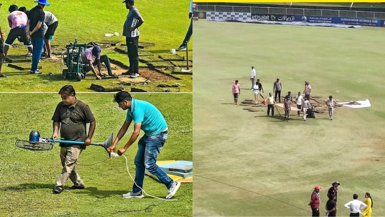 new zealand vs afghanistan test 2nd day ground staff dig up stadium and used fan to dry pitch terrible photos goes viral nz vs afg पीने का पानी और शौचालय की सुविधा नहीं, अब बीच मैच में खोद दिया मैदान; नोएडा के स्टेडियम की हालत भयावह