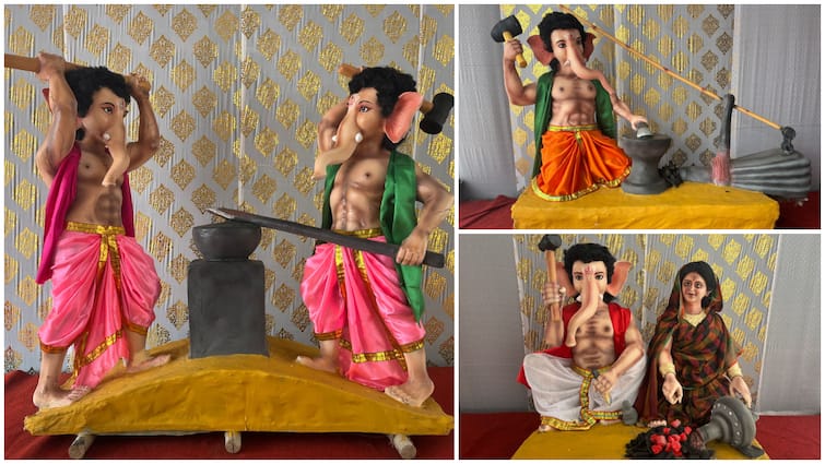 Lord Ganesha being worshiped as a potter in Karimnagar Karimnagar: కులవృత్తిని బతికిద్దామనే కాన్సెప్టుతో వినాయక విగ్రహం- కరీంనగర్‌లో ఆకట్టుకుంటున్న గణపతి