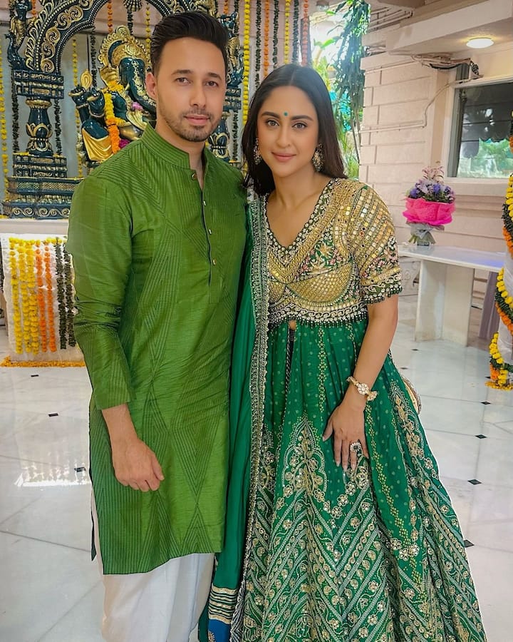 Krystle D'souza opted for a green and golden anarkali suit for the occasion.