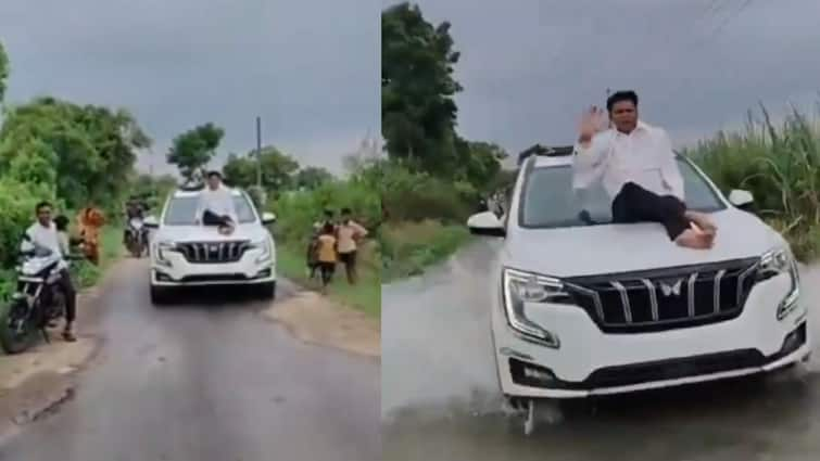 Congress MP Dr Prashant Padole stunt in Bhandara made the reel sitting on the bonnet of the car watch the video Bhandara News: काँग्रेस खासदाराची भंडाऱ्याच्या पुरभागात स्टंटबाजी; गाडीच्या बोनटवर बसून बनविली रिल, पाहा व्हिडिओ