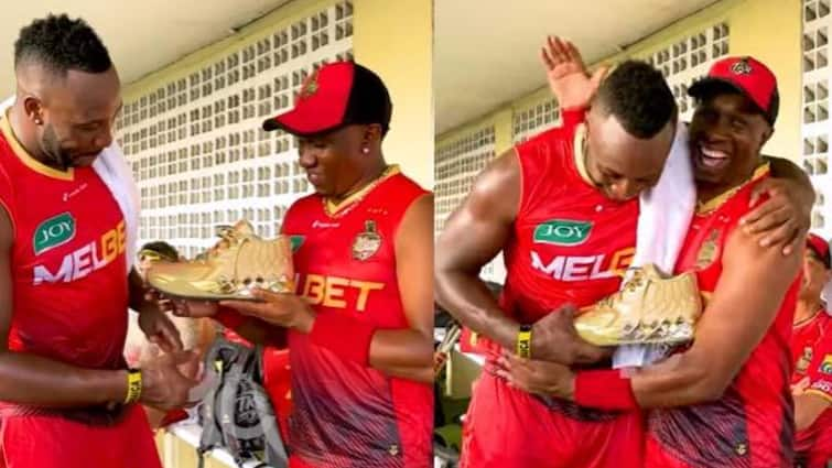 dwayne bravo gifts golden boots to andre russell during cpl 2024 trinbago knight riders carribean premier league Watch: तोहफे में कौन देता है गोल्ड के जूते, महंगा गिफ्ट पाकर उछल पड़ा ये धाकड़ प्लेयर; वीडियो वायरल