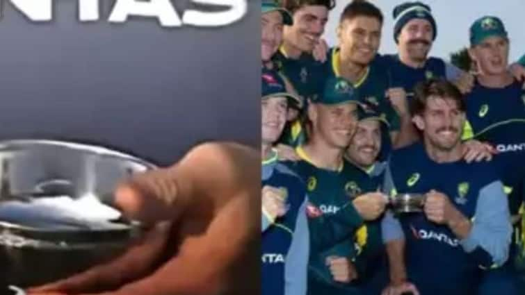 SCO vs AUS T20Is Bizarre Trophy After Australia Win Series Ice Cream Cup Like Object SCO vs AUS 1st T20I Australia Players Amused With Ice Cream Cup-Like Object Instead Of Trophy After Scotland Series Win. VIDEO