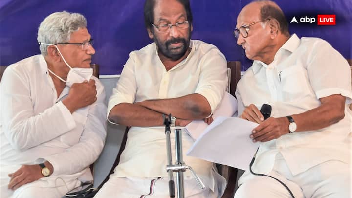 Sitaram Yechury with DMK leader Tiruchi Siva and NCP leader Sharad Pawar during a press conference after the opposition parties' meeting to decide candidate for the 2022 presidential election. TMC leader Yashwant Sinha had been unanimously chosen as the joint opposition candidate for presidential elections in 2022. Photo: PTI