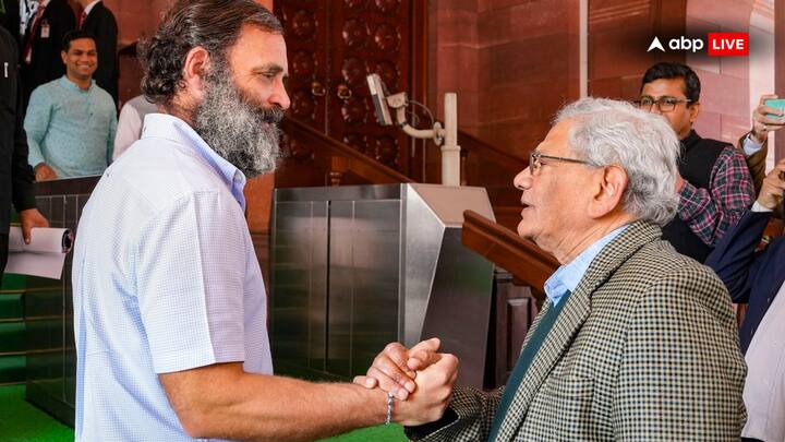 File image of late CPI(M) general secretary Sitaram Yechury with Congress MP Rahul Gandhi at the Parliament House complex during the Budget Session in February 2023. The veteran Left leader passed away at AIIMS in New Delhi on September 12, 2024, at the age of 72. Photo: PTI