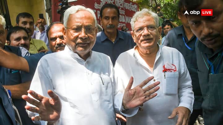 Sitaram Yechury and Bihar Chief Minister Nitish Kumar talk to the media after their meeting in New Delhi on September 6, 2022. Nitish Kumar parted ways with INDIA bloc later. Photo: PTI