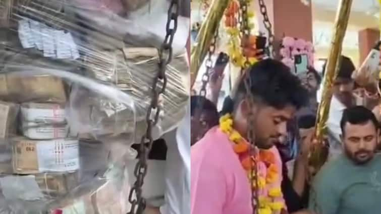 MP Ujjain farmer weighed his son with currency notes on Dashami Teja Mandir  donated Rs 10 lakhs ann MP: एमपी के उज्जैन में किसान ने तेजा दशमी पर बेटे को नोटों से तौला, पैसे मंदिर निर्माण के लिए किए भेंट