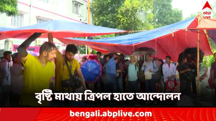 RG kar protest Doctors protest in the rain demanding justice and live streaming of meeting RG Kar Protest: হাতে-হাতে ত্রিপল, বৃষ্টি মাথায় আন্দোলনে জুনিয়র ডাক্তাররা