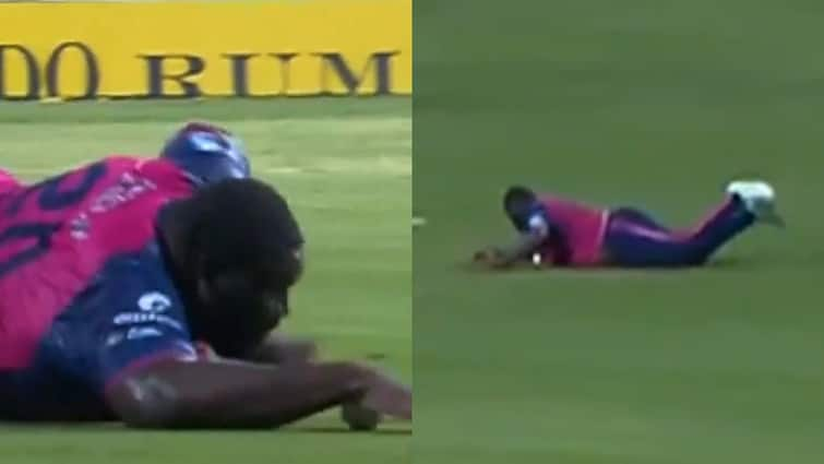 140 kg Rahkeem Cornwall stopped the ball with dive in Caribbean Premier League 2024 Watch video Barbados Royals Watch: 140 किलो वजन वाले खिलाड़ी ने फील्डिंग में दिखाया जौहर, डाइव लगाकर रोकी गेंद; वीडियो वायरल