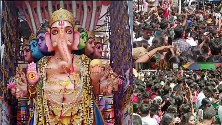 devotees rush for khairathabad ganesh darshan Khairathabad Ganesh: ఖైరతాబాద్ గణేశుని దర్శనానికి పోటెత్తిన భక్తులు - భద్రత కట్టుదిట్టం చేసిన పోలీసులు, రద్దీగా మెట్రో స్టేషన్