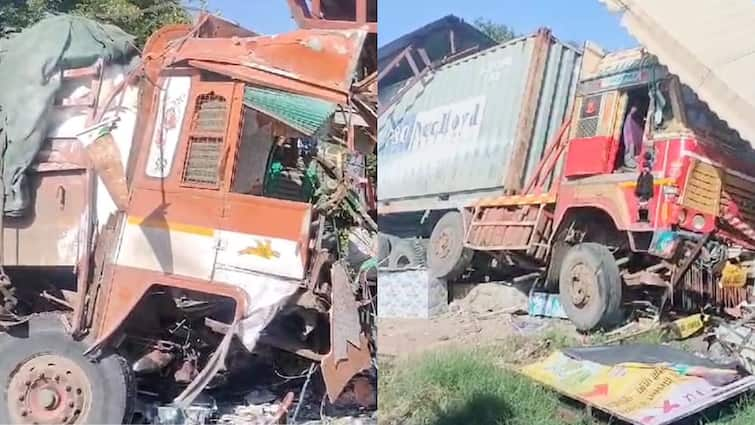 Ahmednagar Chhatrapati Sambhajinagar highway Accident Four vehicle collision Two trucks drove into shop Maharashtra Marathi News अहमदनगर-छत्रपती संभाजीनगर महामार्गावर चार वाहनांचा विचित्र अपघात, दोन ट्रक थेट दुकानात घुसले