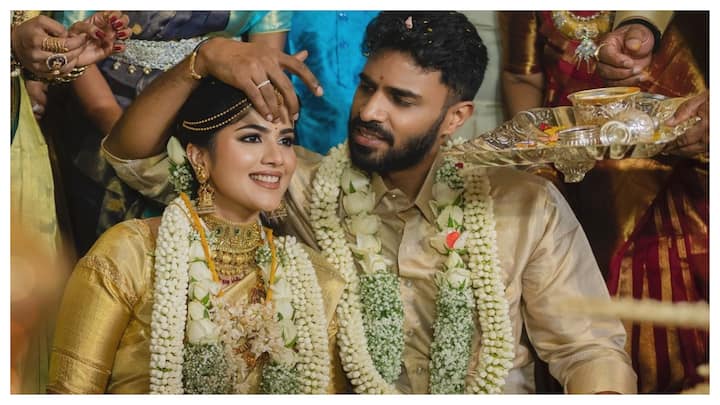 Actor Megha Akash tied the knot with her longtime boyfriend Saai Vishnu over the weekend in a beautiful South Indian wedding held in Chennai.