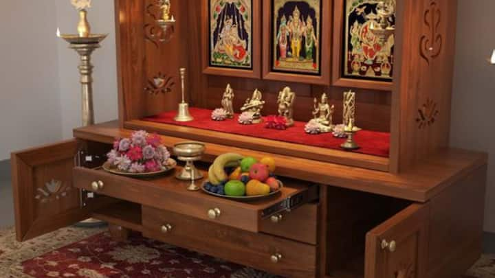 8. Maintain Cleanliness In The Puja Area: The puja area is where divine energy is concentrated, so it must be kept clean and sacred throughout the festival. Use clean, natural materials like copper or brass for puja utensils, as they are considered auspicious in Vastu. Avoid placing items made of synthetic materials in the puja area. (Image Source: Pinterest/etsy)