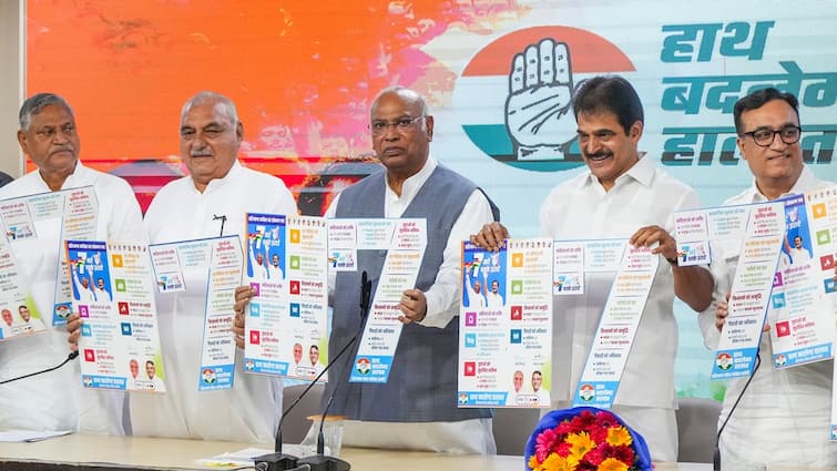 Haryana Election 2024 Congress Promises Legal MSP Caste Survey Memorial For Martyred Farmers In 7 Guarantees Kharge Haryana Polls: Congress Promises Legal MSP, Caste Survey, Memorial For ‘Martyred’ Farmers In 7 ‘Guarantees’