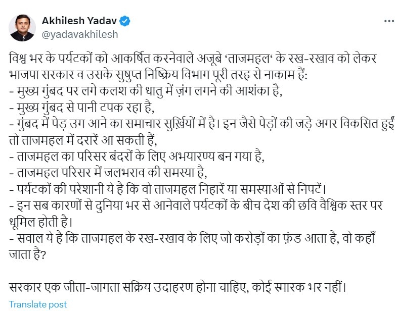 ताजमहल के गुंबद में उगा पौधा तो भड़क उठे अखिलेश यादव, BJP सरकार पर उठाए कई सवाल