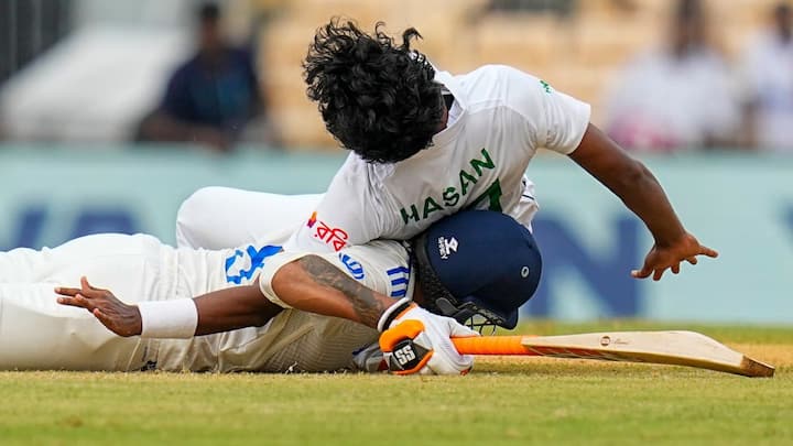 IND vs BAN Test 1st Day: रवींद्र जडेजा चेन्नई टेस्ट के पहले दिन बैटिंग कर रहे थे. इस दौरान बांग्लादेशी गेंदबाज हसन महमूद ने जोरदार अपील की और जडेजा पर गिर गए.